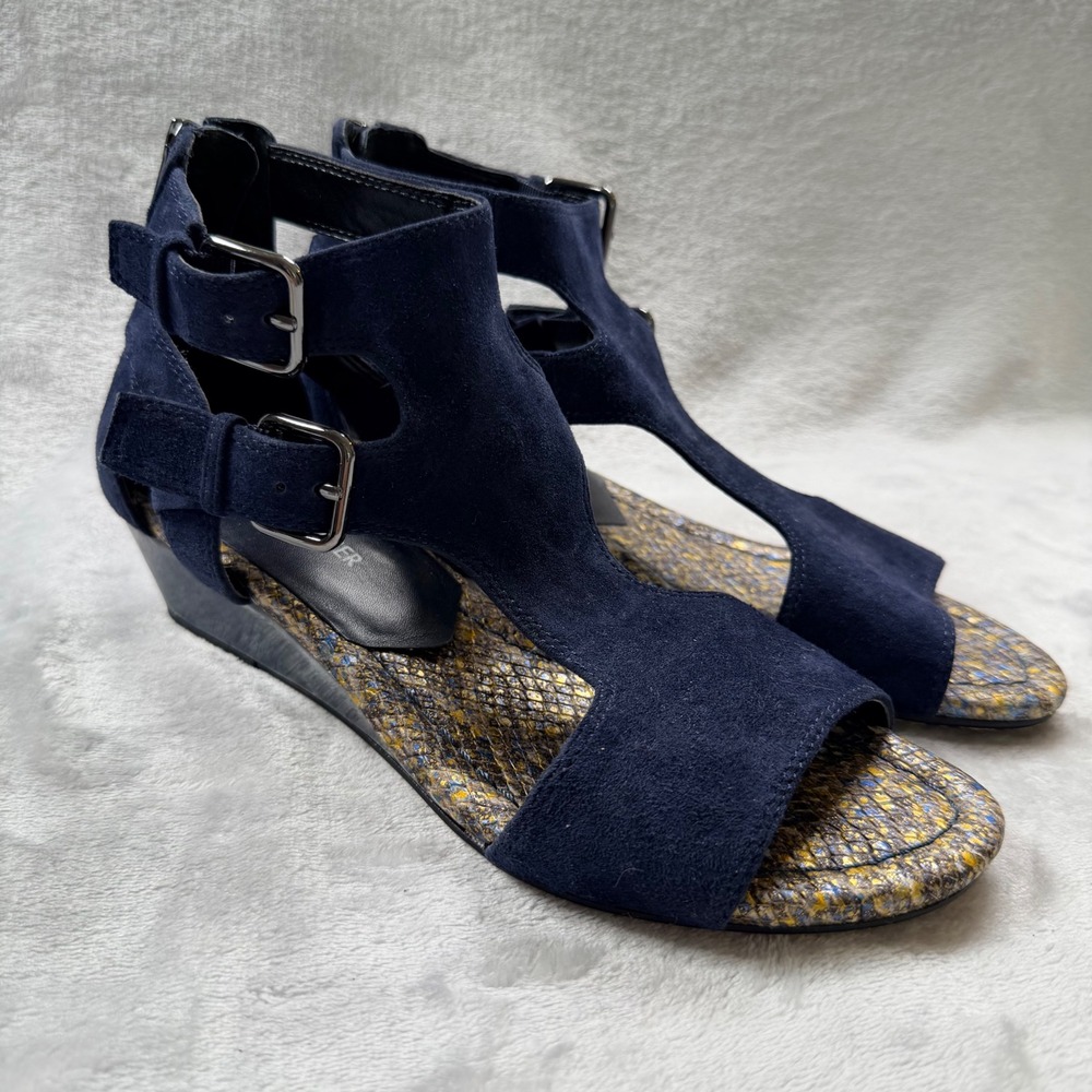 Donald Pliner Eden2 Navy Suede Snakeskin Print Wedge Sandals Womens 8M